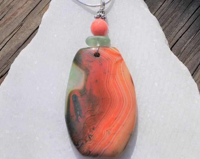 Stone Necklace, Geode Onyx Agate Pendant, Peach Striped, Genuine Sea Glass Accent, Faceted Rhodochrosite Gemstone, Sterling Chain Incl. B225