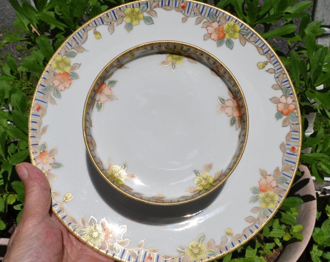 Multi-Purpose Server Plate Attached 2-Tier Japanese Hand Painted & Gold Embossed 9" base 4.75" top Vintage Free Ship