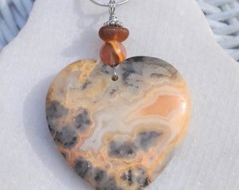 Lace Agate Necklace Pendant, Large Peach Heart, Genuine Sea Glass Accent, Tourmaline Gemstone, Sterling Chain Included  B191