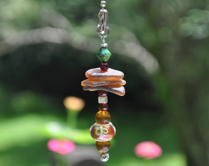 Beach Fan Pull, Genuine Sea Glass, Ceiling Fan Pull, Light Pull, Suncatcher, Frosty Brown Stack 612, Coastal Gift, Lamp Pull, Beaded Pull