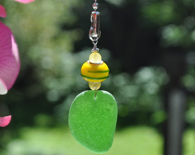 Genuine Sea Glass, Ceiling Fan Pull, Light Pull, Suncatcher, Frosty Green Drop 459, Lamp Pull, Unique Gift, Beaded Pull, Beach Lover  Gifts