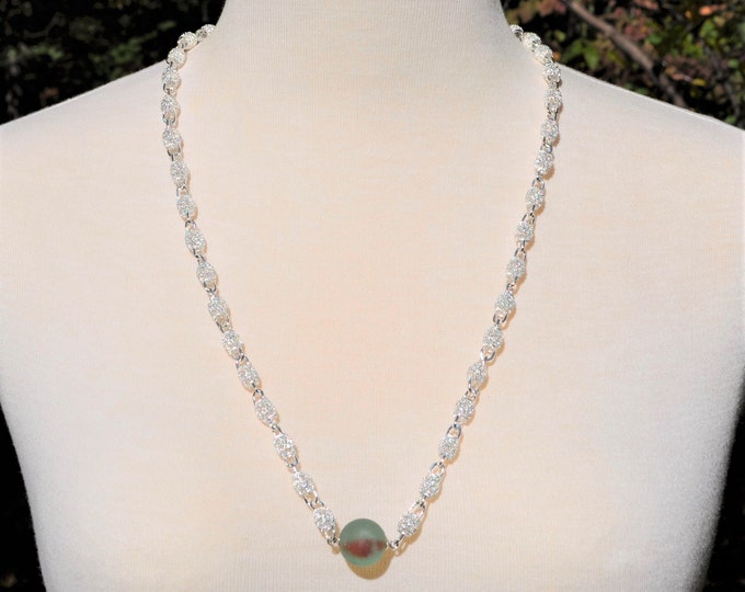 Sea Glass Jewelry Beach Long Necklace Seafoam and Red Marble Cats Eye Sterling Silver 5784