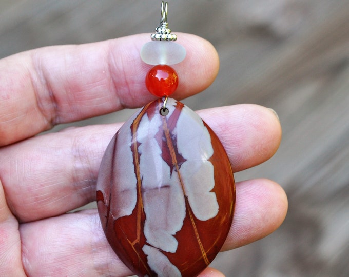 Australian Picture Jasper Necklace Pendant, Genuine Sea Glass Accent, Carnelian Gemstone, Sterling Chain Included B18