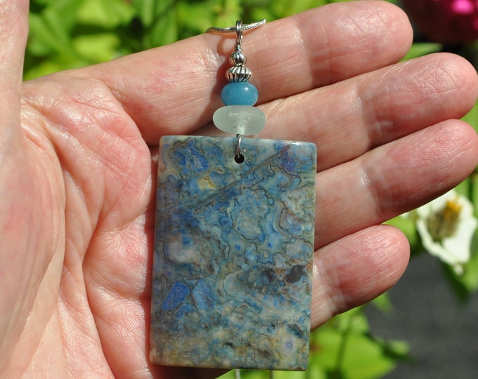 Lace Agate Necklace Pendant, Large Striking Blue Rectangle, Genuine Sea Glass Accent, Aquamarine Gemstone, Sterling Chain Included B42