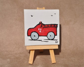 Vintage Car Painting, Whimsical Car Collection, Miniature Canvas with Easel, Mini Car Art,  Fire Truck Original Acrylic, Auto from Past