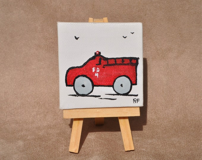 Vintage Car Painting, Whimsical Car Collection, Miniature Canvas with Easel, Mini Car Art,  Fire Truck Original Acrylic, Auto from Past