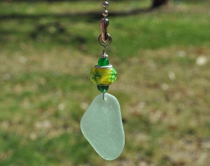 Decorative Fan Pull, Genuine Sea Glass, Ceiling Light Pull, Sun Catcher, Frosty Bright Seafoam Drop 585, Lamp Pull, Beaded Pull, Beach Gifts