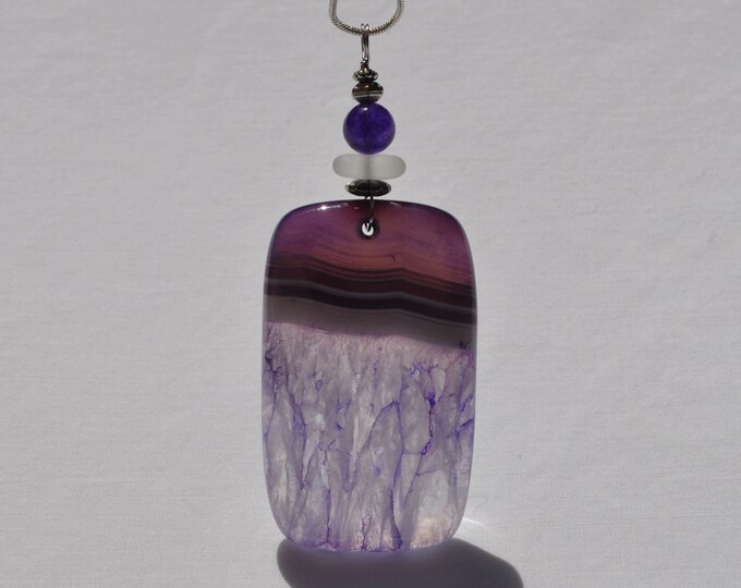 Stone Necklace, Geode Onyx Agate Pendant, Purple & White Large, Genuine Sea Glass Accent, Purple Jade Gemstone, Sterling Chain Included B277