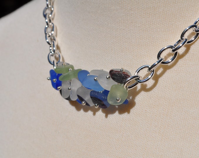 Gorgeous Sea Glass Jewelry Beach Glass Twist Necklace Heavy Statement Necklace Solid Sterling Silver Multi Colored Mix Free Shipping 2351