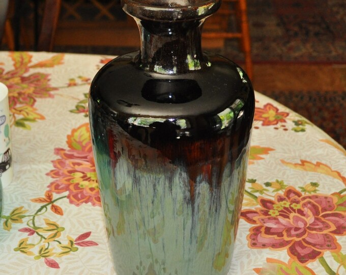 Vintage Large Ceramic Drip Glaze Pottery Vase 13.25" Tall Gold Shimmer Free Ship