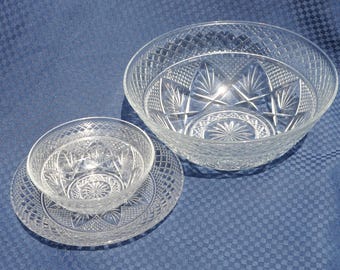 Diamond Starburst Serving Bowl Set Cristal D'Arques-Durand France 10" & 5.75" 8" Vintage Free Ship