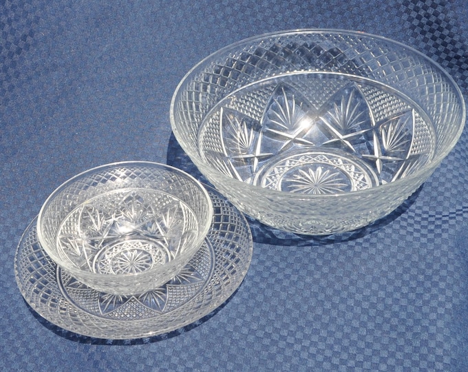 Diamond Starburst Serving Bowl Set Cristal D'Arques-Durand France 10" & 5.75" 8" Vintage Free Ship