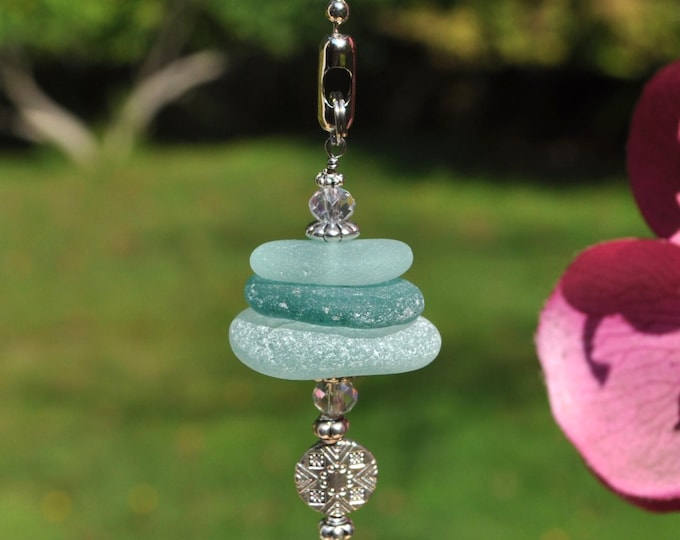 Ceiling Fan Pulls, Genuine Sea Glass, Light Pulls, Decorative Suncatcher, Frosty Blue Varied Mix Stack 804, Beaded Pull Unique Sun Catcher