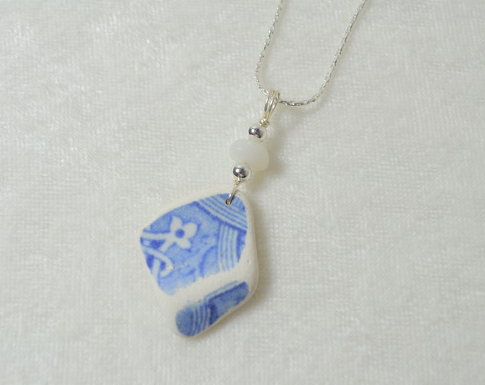 Sea Glass Jewelry Pottery Necklace Blue Patterned with Milk White Genuine Sea Glass Sterling Silver Chain Included  Free Shipping 7826