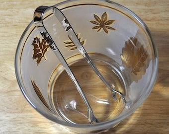 Frosted Gold Leaf Ice Bucket & Tongs Set Libbey 22k Golden Foliage 5" Vintage Free Ship