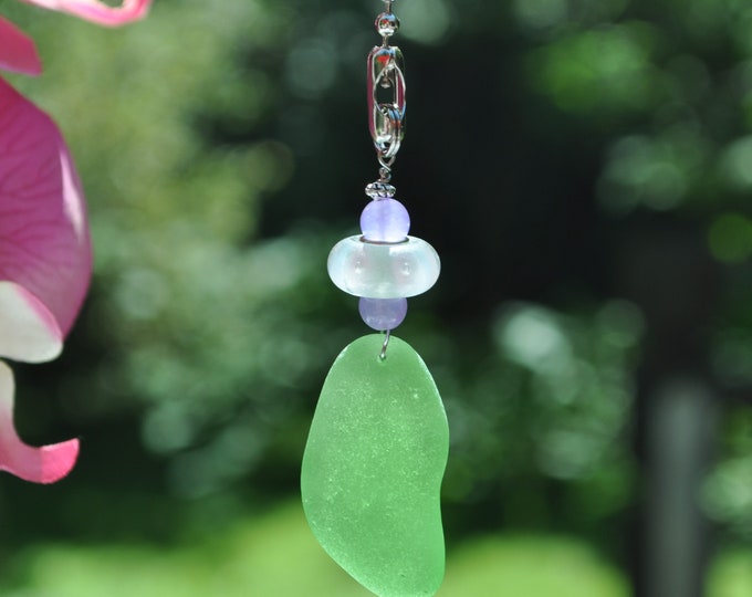 Genuine Sea Glass, Ceiling Fan Pull, Light Pull, Suncatcher, Frosty Green Drop 456, Lamp Pull, Unique Gift, Beaded Pull, Beach Lover Gifts