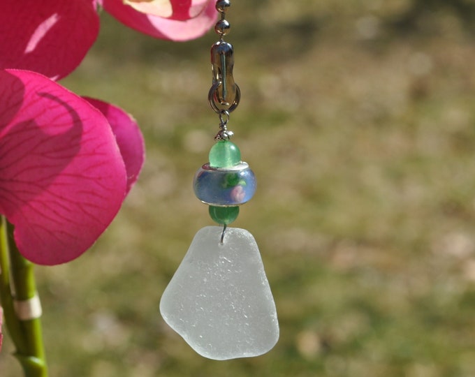 Decorative Fan Pull, Genuine Sea Glass, Ceiling Light Pull, Sun Catcher, Frosty Light Seafoam Drop 514, Lamp Pull, Beaded Pull, Beach Gifts