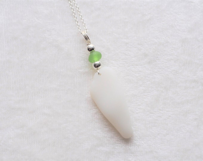 Sea Glass Jewelry Beach Necklace Milk White with Lime Green Sterling 5571