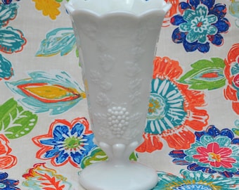 Westmoreland Pedestal Flower Vase White Milk Glass Paneled Grapes 9.25" Tall Vintage Free Ship