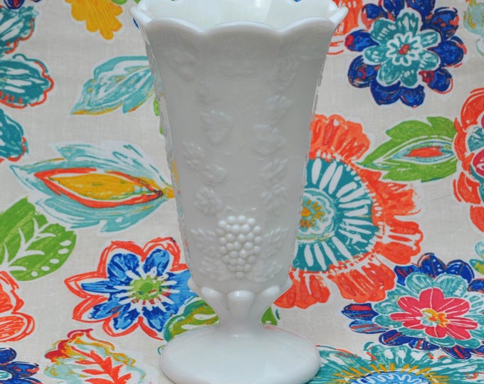 Westmoreland Pedestal Flower Vase White Milk Glass Paneled Grapes 9.25" Tall Vintage Free Ship