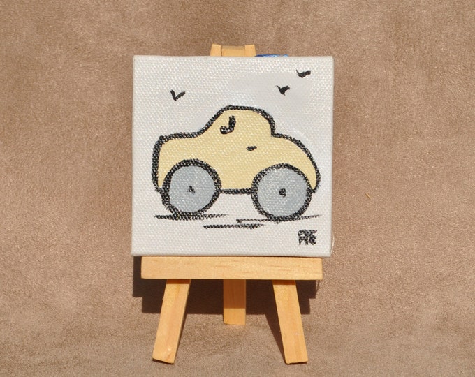 Vintage Car Painting, Whimsical Car Collection, Miniature Canvas with Easel, Mini Car Art,  Beige Car Original Acrylic, Auto from Past