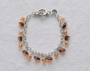 Sea Glass Jewelry Beach Bracelet in Browns with Crystals Sterling 3419