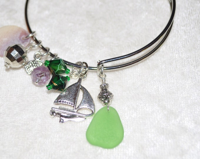 Adjustable Expandable Sea Glass Jewelry Beach Bangle Wire Charm Bracelet Green 1140