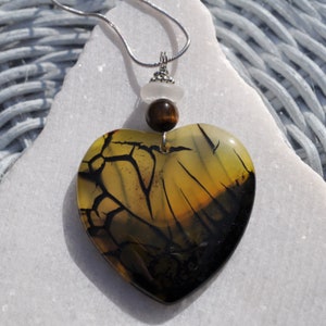 Stone Pendant, Dragon Veins, Fire Agate Necklace, Brown & Yellow, Genuine Sea Glass Accent, Tiger&#39;s Eye Gemstone, Sterling Chain Incl. B226