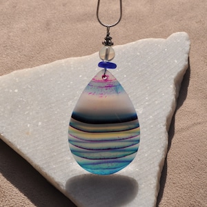 Onyx Agate Pendant Necklace, Large Blue and Purple Teardrop, Genuine Sea Glass Accent, Opalite Gemstone, Sterling Chain Included B36