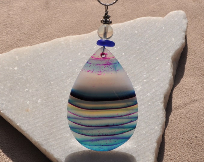 Onyx Agate Pendant Necklace, Large Blue and Purple Teardrop, Genuine Sea Glass Accent, Opalite Gemstone, Sterling Chain Included B36