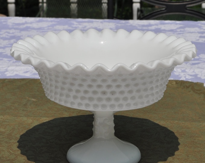 Medium Fluted Hobnail Pedestal Bowl White Milk Glass w/ Ruffled Edge Compote 8" wide 5.5" tall Vintage Free Ship