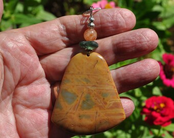 Rock Necklace, Picasso Jasper Pendant, Natural Yellow & Green, Genuine Sea Glass Accent, Yellow Agate Gemstone, Sterling Chain Included B12