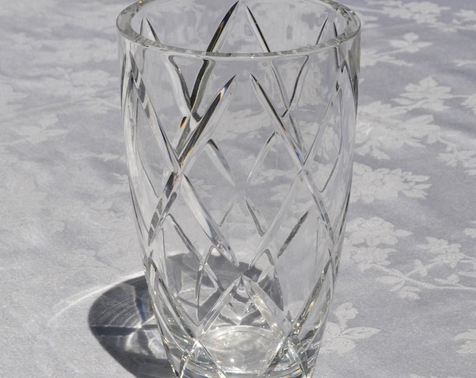 Vintage Block Lead Crystal Flower Vase Beveled Diamond Cut  7" Tall Free Ship