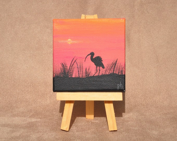 Marsh Heron Miniature Painting with Easel Mini Canvas Fine Art Ornamental Table Accent Original Acrylic Painting Free Shipping