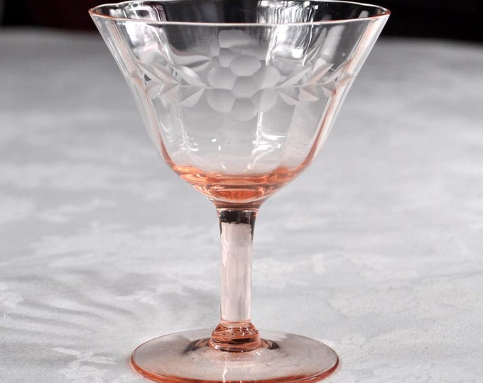 Vintage Pink Depression Etched Champagne Glass Paneled 4.5" Tall 3.5"D Free Ship