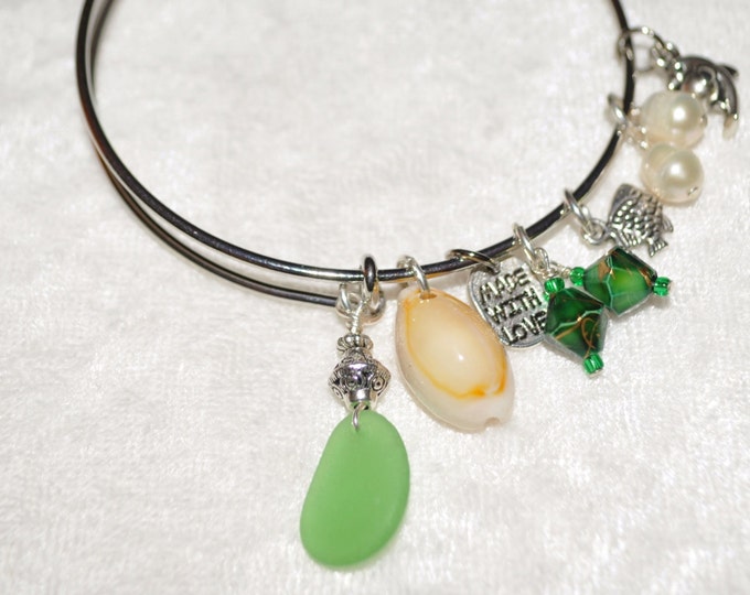 Adjustable Expandable Sea Glass Jewelry Beach Bangle Wire Charm Bracelet Green 1142