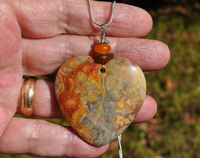 Lace Agate Pendant Necklace, Large Natural Heart Shape, Genuine Sea Glass Accent, Yellow Jade Gemstone, Sterling Chain Included  B230