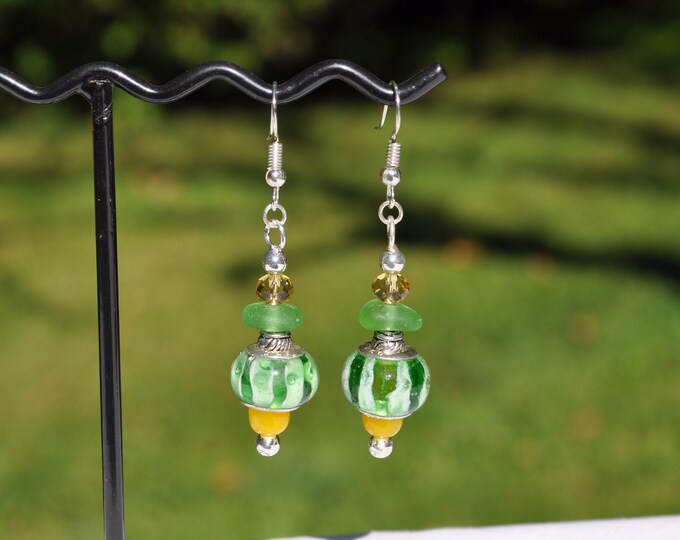 Sea Beach Glass Earrings in Beautiful Green with Lampwork Beads Sterling Silver Genuine Sea Glass Gemstone Earrings Free Shipping 2864