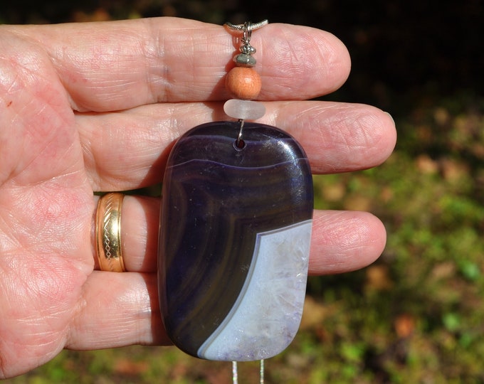 Stone Necklace, Geode Onyx Agate Pendant, Large Striped Coffee Rock, Genuine Sea Glass Accent, Natural Wood Bead, Sterling Chain Incl. B237