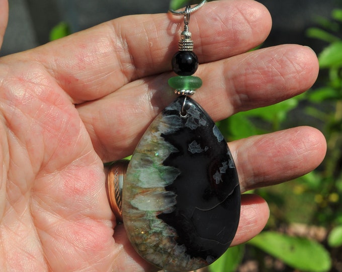 Stone Necklace, Geode Onyx Agate Pendant, Black and Green Drop, Genuine Sea Glass Accent, Faceted Black Agate Gemstone, Sterling Chain B263