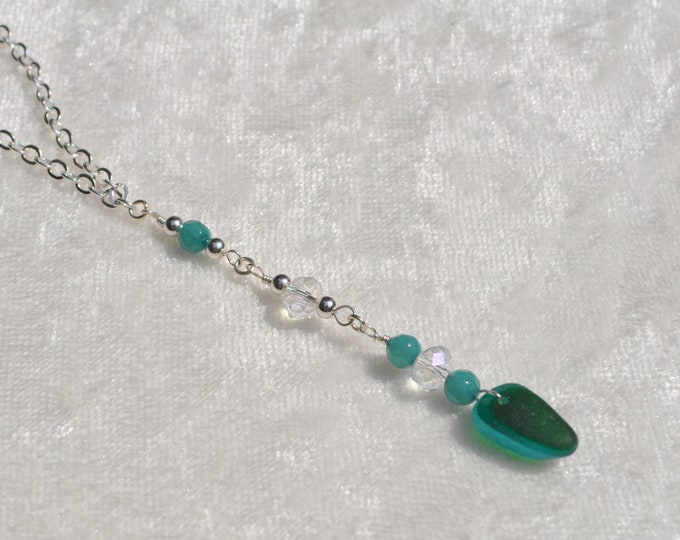 Genuine Sea Glass Jewelry Beach Necklace Shorty Drop w/ Crystals Sterling Silver Beads Sterling Chain Aquamarine Gemstones Free Ship 9337