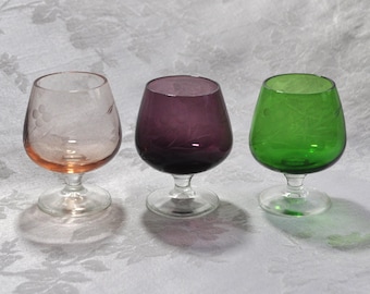 Small Charmingly Irregular Snifter Glasses 3.25"Tall Set/3 National Potteries Japan Etched 6oz Free Ship