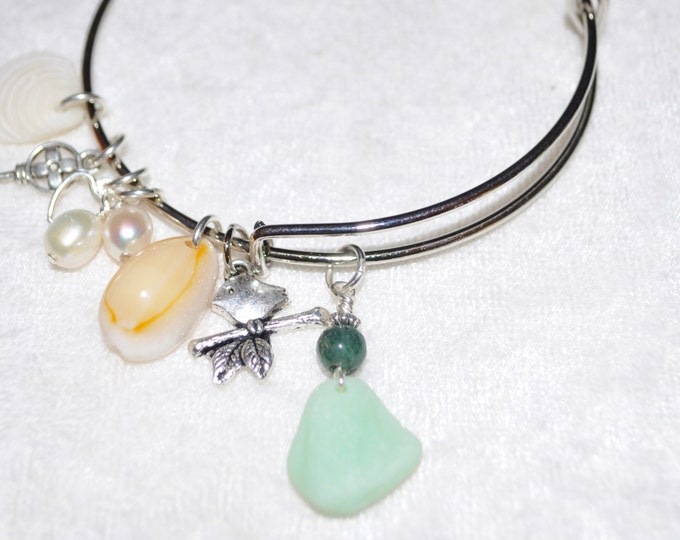 Adjustable Expandable Sea Glass Jewelry Beach Bangle Wire Charm Bracelet Jadeite 1135
