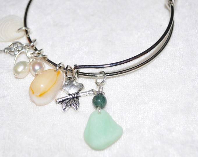 Adjustable Expandable Sea Glass Jewelry Beach Bangle Wire Charm Bracelet Jadeite 1135