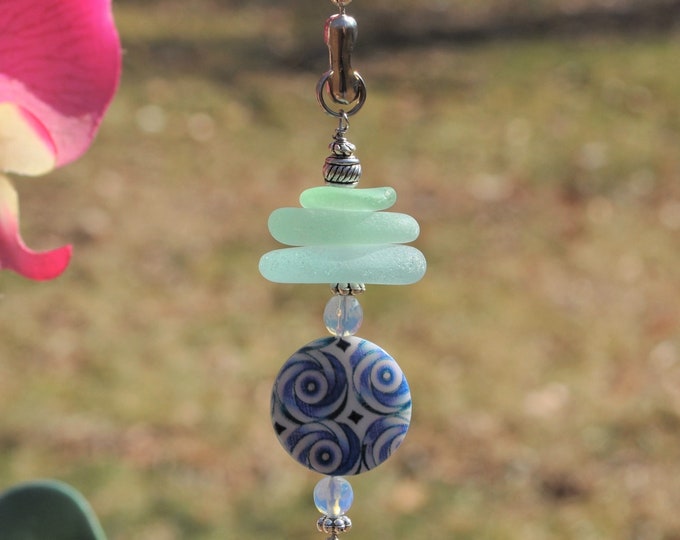 Ceiling Fan Pulls, Genuine Sea Glass, Light Pulls, Decorative Suncatcher Frosty Seafoam Mix Stack 530, Beaded Pull, Unique Beach Gifts