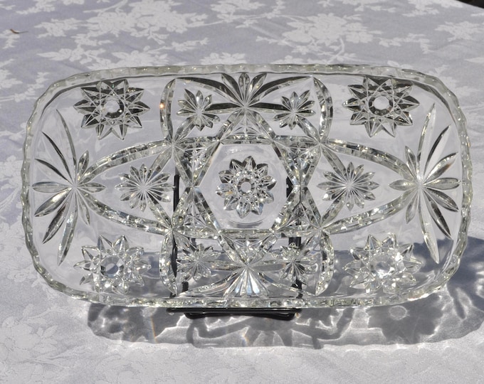 Clear Scalloped Rectangular Starburst Serving Plate Anchor Hocking 12"x6.5"x1.5" Vintage Free Ship