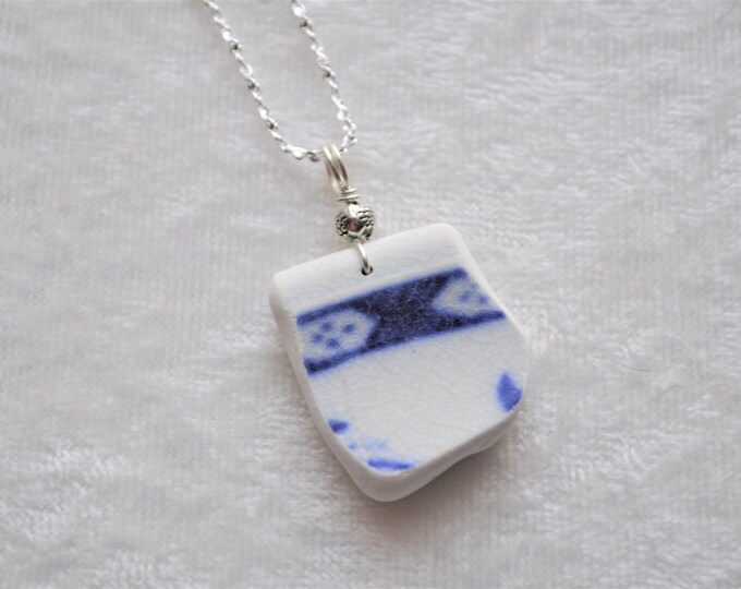 Sea Glass Jewelry Surf Tumbled Pottery Necklace Interesting Bright Blue Edge Pattern with Bead and Sterling Silver Chain Free Shipping 7447