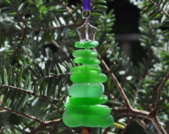 Sea Glass Christmas Tree Ornament, Delightful Stocking Stuffer, Unique Gift, Holiday Package Decor, Genuine Green Sea Glass with Purple Star