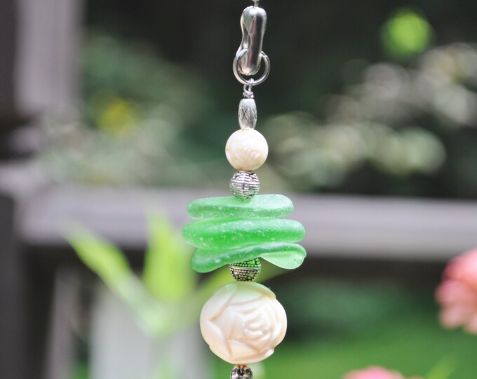 Decorative Lamp Pull, Genuine Sea Glass, Ceiling Fan Pull, Light Pull, Sun Catcher, Frosty Green Stack 423, Lamp Pull, Beach Gifts, Beaded