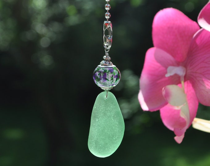 Genuine Sea Glass Ceiling Fan Pull Light Pull Suncatcher Frosty Green Drop 406 Free Shipping Lamp Pull Unique Gift Beaded Pull Sun Catcher